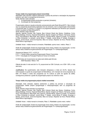 Tempo médio de programação própria transmitida 
Descrição: Este indicador objetiva sedimentar a política de priorizar a veiculação de programas 
próprios, sem aferir os programas de terceiros. 
Serão aferidas neste indicador: 
Página 14 de 42 
1. A programação própria produzida no período (trimestre); 
2. A produção de inter-programas; 
Programação própria é aquela produzida exclusivamente pela Rede Minas/ADTV. Não incluem 
aqui os programas terceirizados realizados fora da emissora, nem a programação retransmitida 
e produzida pela TV Cultura e TV Brasil e os programas realizados por terceiros que compram 
horário na grade da Rede Minas/ADTV. 
Serão aferidos neste indicador: 
Agenda, Agenda Preview, Alto Falante, Bem Cultural, Brasil das Gerais, Coletânea, Curta, 
Dango Balango, Diverso, Especial Rede Minas, Espiral, Imagem da Palavra, Harmonia, Outros 
Sons, Feira Moderna, Mais Ação, Nos, Noturno, Opinião Minas, Palavra Cruzada, TV Interativa 
e Olhar Ambiental ( a estrear). Jornal Minas 1ª edição, Jornal Minas 2ª edição, Emprego e 
Renda, Jornal Visual, Jornal de Esportes, Meio de Campo, Repórter da Hora, Planeta Minas, 
Rede Mídia e Agronegócio. 
Unidade: Horas – média mensal no trimestre, Polaridade: quanto maior, melhor, Peso: 2 
Fonte de comprovação: Grade de programação (hora cheia), Roteiro de programação / on-line 
(tempo real) e Sistema de gerenciamento de Programação/ TV +(interprogramação) 
Fórmula de Cálculo: P.P.T. =V.P.P /3 
P.P.T. = Tempo médio mensal de Programação Própria Transmitida 
V.P.P.= Veiculação de Produção Própria em horas no trimestre. 
O ICM (Índice de Cumprimento da meta) será obtido pela fórmula: 
ICM: Resultado / Meta x 100 
Cálculo da nota: A nota será de 0 a 10, proporcional ao ICM. Contudo, se o ICM < 50%, a nota 
será zero. 
Justificativa: No quadrimestre, este indicador ultrapassou a meta em 22,4%. Apesar das 
reformulações na grade de programação da Rede Minas, com inserção de novos programas da 
EBC (TV Brasil) e saída dos programas da TV Cultura (a partir de agosto de 2009), 
conseguimos preservar a grade de programação própria nos mesmos níveis. 
Tempo médio de programação própria inédita transmitida 
Descrição: Este indicador objetiva sedimentar a política de priorizar a veiculação de 
programação inédita própria (programação e interprogramação) sem os programas de 
terceiros. 
Serão aferidos nesse indicador os programas: 
Agenda, Agenda Preview, Alto Falante, Bem Cultural, Brasil das Gerais, Coletânea, Curta, 
Dango Balango, Diverso, Especial Rede Minas, Espiral, Imagem da Palavra, Harmonia, Outros 
Sons, Feira Moderna, Mais Ação, Nos, Noturno, Opinião Minas, Palavra Cruzada, TV Interativa 
e Olhar Ambiental (a estrear). Jornal Minas 1ª edição, Jornal Minas 2ª edição, Emprego e 
Renda, Jornal Visual, Jornal de Esportes, Meio de Campo, Repórter da Hora, Planeta Minas, 
Rede Mídia e Agronegócio. 
Unidade: Horas – média mensal no trimestre, Peso: 3, Polaridade: quanto maior, melhor 
Fonte de comprovação: Grade de programação (hora cheia), Roteiro de programação / on-line 
(tempo real) e Sistema de gerenciamento de Programação/ TV +(interprogramação) 
 