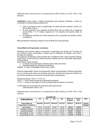 Cálculo da nota: A nota será de 0 a 10, proporcional ao ICM. Contudo, se o ICM < 50%, a nota 
será zero. 
Justificativa: Anexo segue o relatório apresentado pela empresa contratada, e dentre as 
conclusões da referida pesquisa destacamos: 
• Tanto o jornalismo quanto a programação em geral são bem avaliados, ambos com 
Página 17 de 42 
82% de Bom e Ótimo. 
• Os dois programas mais assistidos da Rede Minas são as edições de um telejornal 
(Jornal Minas 1º e 2º edição), seguidos por um programa de esportes (Meio de 
Campo). 
• Os programas assistidos com maior frequência são os programas de esportes, infantis 
e o telejornal. 
Meta parcialmente alcançada, atingindo cerca de 98,80% da meta pactuada. 
Tempo Médio de Programação Jornalística 
Descrição: Este indicador objetiva comprometer a organização com difusão, em TV aberta, de 
um jornalismo crítico, aprofundado e voltado para os interesses do cidadão, bem como a 
formação da cidadania. 
Os programas considerados nesse indicador são: os telejornais JM1 e JM2, Emprego & Renda, 
Jornal Visual, Jornal de Esportes, Meio-de-Campo, Repórter da Hora, Rede Mídia, Agronegócio 
e Planeta Minas. 
Serão aferidos neste indicador: 
1. A duração da programação jornalística diária inédita transmitida; 
2. Reapresentações dos programas jornalísticos. 
Unidade: % , Peso: 2, Polaridade: quanto maior, melhor 
Fonte de comprovação: Roteiro de programação; Mapa de programação; Planilhas específicas 
com os indicadores de metas, por produção/ programas; Sinopse dos programas; Relatórios de 
ocorrências (problemas) em externas, fornecidos pelos coordenadores. 
Fórmula de Cálculo: T.M.P.J.= T.V.P.J./3 
T.M.P.J. = Tempo médio mensal de programação jornalística; 
T.V.P.J. = Tempo de veiculação em horas de programação jornalística no trimestre. 
O ICM (Índice de Cumprimento da meta) será obtido pela fórmula: 
ICM: Resultado / Meta x 100 
Cálculo da nota: A nota será de 0 a 10, proporcional ao ICM. Contudo, se o ICM < 50%, a nota 
será zero. 
QUADRO 3B 
Indicadores Set Out Nov Dez Média últ. 
Quadrim. 
Média 
Ano 
Meta 
Tempo Médio de Hs/mês 
Programação Jornalística 
60:49:53 61:34:51 60:24:04 57:32:37 60:05:21 60:20:12 
55:00:00 
Agronegócio 1:40:21 2:04:58 1:40:46 1:39:25 1:46:23 1:48:04 
Emprego e Renda 10:37:19 10:23:26 10:11:33 9:57:40 10:17:29 10:41:57 
Jornal de Esporte 0:00:00 0:00:00 0:00:00 0:00:00 0:00:00 0:06:20 
Jornal Minas 1a. Ed. 9:25:57 9:36:14 8:51:19 9:12:04 9:16:24 9:10:50 
Jornal Minas 2a. Ed. 12:26:03 12:08:17 11:35:13 11:29:44 11:54:49 11:56:08 
 