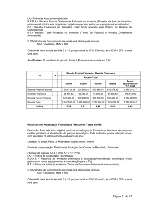 I.A.= Índice de Auto-sustentabilidade 
R.P.D.A.= Receita Própria Diretamente Faturada no trimestre (Projetos de Leis de Incentivo, 
apoios e patrocínios aos programas, projetos especiais, anúncios, e programas terceirizados) 
R.F.: Receita Financeira no Trimestre (valor bruto apurado pelo Critério de Regime de 
Competência) 
R.T.= Receita Total Recebida no trimestre (Termo de Parceria e Receita Diretamente 
Arrecadada). 
O ICM (Índice de Cumprimento da meta) será obtido pela fórmula: 
Página 21 de 42 
ICM: Resultado / Meta x 100 
Cálculo da nota: A nota será de 0 a 10, proporcional ao ICM. Contudo, se o ICM < 50%, a nota 
será zero. 
Justificativa: O resultado do período foi de 0,49 superando a meta em 0,04. 
Receita Própria Faturada + Receita Financeira 
IA = 
Receita Total 
set/09 out/09 nov/09 dez/09 
Acum. 
Quadrimestre 
T.P. 2009 
Receita Própria Faturada 1.063.716,98 929.866,61 807.486,76 646.974,42 3.448.044,77 
Receita Financeira 38.464,52 56.240,01 44.005,32 37.808,80 176.518,65 
Receita Termo Parceria 940.500,00 940.500,00 940.500,00 940.500,00 3.762.000,00 
Receita Total 2.042.681,50 1.926.606,62 1.791.992,08 1.625.283,22 7.386.563,42 
Índice 0,54 0,51 0,48 0,42 0,49 
Recursos em Atualização Tecnológica / Recursos Totais em R$: 
Descrição: Este indicador objetiva conduzir os esforços da Emissora a direcionar recursos em 
caráter prioritário à atualização do parque tecnológico. Este indicador possui aferição anual, 
com apuração no último período avaliatório do ano. 
Unidade: % anual, Peso: 3, Polaridade: quanto maior, melhor 
Fonte de comprovação: Relatório de Evolução das Contas de Resultado, Balancete 
Fórmula de Cálculo: I.A.T.= (R.D.A.T./ R.T.)*100 
I.A.T.= Índice de Atualização Tecnológica. 
R.D.A.T. = Recursos da emissora destinados à atualização/manutenção tecnológica (inclui 
gastos com novos equipamentos e manutenção para a TV). 
R.T. = Recursos totais da emissora (Termo de Parceria e diretamente arrecadados) 
O ICM (Índice de Cumprimento da meta) será obtido pela fórmula: 
ICM: Resultado / Meta x 100 
Cálculo da nota: A nota será de 0 a 10, proporcional ao ICM. Contudo, se o ICM < 50%, a nota 
será zero. 
 