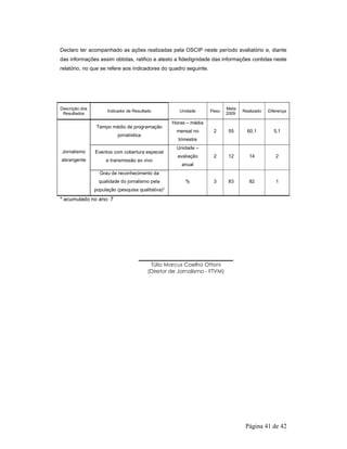 Declaro ter acompanhado as ações realizadas pela OSCIP neste período avaliatório e, diante 
das informações assim obtidas, ratifico e atesto a fidedignidade das informações contidas neste 
relatório, no que se refere aos indicadores do quadro seguinte. 
Página 41 de 42 
Descrição dos 
Resultados Indicador de Resultado Unidade Peso Meta 
2009 Realizado Diferença 
Tempo médio de programação 
jornalística 
Horas – média 
mensal no 
trimestre 
2 55 60,1 5,1 
Eventos com cobertura especial 
e transmissão ao vivo 
Unidade – 
avaliação 
anual 
2 12 14 2 
Jornalismo 
abrangente 
Grau de reconhecimento da 
qualidade do jornalismo pela 
população (pesquisa qualitativa)2 
% 3 83 82 1 
* acumulado no ano: 7 
Túlio Marcus Coelho Ottoni 
(Diretor de Jornalismo - FTVM) 
 