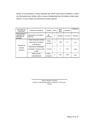 Declaro ter acompanhado as ações realizadas pela OSCIP neste período avaliatório e, diante 
das informações assim obtidas, ratifico e atesto a fidedignidade das informações contidas neste 
relatório, no que se refere aos indicadores do quadro seguinte. 
Página 42 de 42 
Descrição dos 
Resultados 
Indicador de Resultado Unidade Peso Meta 
2009 
Realizado 
Diferença 
Sistematização e 
ampliação das 
atividades de 
produção 
Faturamento com projetos 
especiais 
R$ - 
trimestre 3 400.000 1.475.497 1.075.497 
Índice de liquidez corrente 
(total de ativo circulante / 
total passivo) 
Índice 
trimestre 
3 1,09 2,7 1,61 
Recursos em atualização 
tecnológica / recursos totais 
em R$3 
% anual 3 7 4,01 2,99 
Evolução da 
situação 
financeira 
Índice de Auto-sustentabilidade 
Índice - 
trimestre 
3 0,45 0,49 0,04 
Celma Regina Ferreira 
(Diretora de Planejamento, Gestão e Finanças - 
FTVM) 
