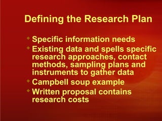 Defining the Research Plan
Specific information needs
Existing data and spells specific
research approaches, contact
methods, sampling plans and
instruments to gather data
Campbell soup example
Written proposal contains
research costs
 
