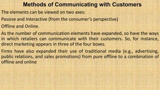 Methods of Communicating with Customers
The elements can be viewed on two axes:
Passive and Interactive (from the consumer’s perspective)
Offline and Online.
As the number of communication elements have expanded, so have the ways
in which retailers can communicate with their customers. So, for instance,
direct marketing appears in three of the four boxes.
Firms have also expanded their use of traditional media (e.g., advertising,
public relations, and sales promotions) from pure offline to a combination of
offline and online
 