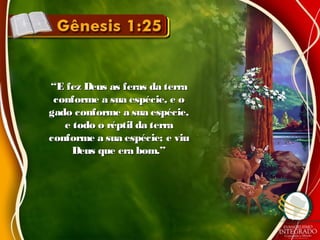 ““E fez Deus as feras da terraE fez Deus as feras da terra
conforme a sua espécie, e oconforme a sua espécie, e o
gado conforme a sua espécie,gado conforme a sua espécie,
e todo o réptil da terrae todo o réptil da terra
conforme a sua espécie; e viuconforme a sua espécie; e viu
Deus que era bom.”Deus que era bom.”
 