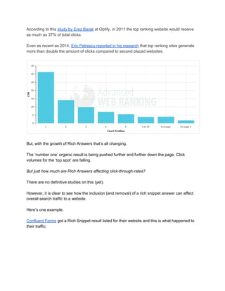According to this ​study by Erez Barak​ at Optify, in 2011 the top ranking website would receive 
as much as 37% of total clicks. 
 
Even as recent as 2014, ​Eric Petrescu reported in his research​ that top ranking sites generate 
more than double the amount of clicks compared to second placed websites. 
 
 
 
But, with the growth of Rich Answers that’s all changing. 
 
The ‘number one’ organic result is being pushed further and further down the page. Click 
volumes for the ‘top spot’ are falling. 
 
But just how much are Rich Answers affecting click­through­rates? 
 
There are no definitive studies on this (yet). 
 
However, it is clear to see how the inclusion (and removal) of a rich snippet answer can affect 
overall search traffic to a website. 
 
Here’s one example. 
 
Confluent Forms​ got a Rich Snippet result listed for their website and this is what happened to 
their traffic: 
 
 
