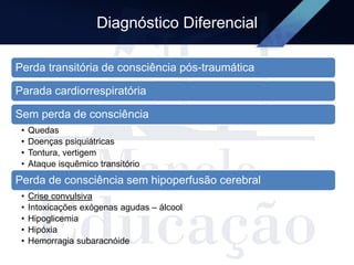 Diagnóstico Diferencial
Perda transitória de consciência pós-traumática
Parada cardiorrespiratória
Sem perda de consciência
• Quedas
• Doenças psiquiátricas
• Tontura, vertigem
• Ataque isquêmico transitório
Perda de consciência sem hipoperfusão cerebral
• Crise convulsiva
• Intoxicações exógenas agudas – álcool
• Hipoglicemia
• Hipóxia
• Hemorragia subaracnóide
 