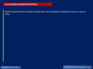 16. SITUAÇÕES DE SINISTRO MÚLTIPLO


    Admitir as possíveis lesões existentes, considerando o tipo de acidente e as alterações visíveis no corpo da
    vítima




Jorge Almeida, Prof. Adj. - ESALD                                                   UC Primeiros Socorros – CET Protecção Civil - 2012
 