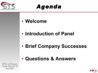 Agenda Welcome Introduction of Panel Brief Company Successes Questions & Answers 