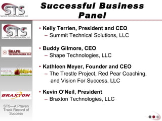 Successful Business Panel Kelly Terrien, President and CEO Summit Technical Solutions, LLC Buddy Gilmore, CEO Shape Technologies, LLC Kathleen Meyer, Founder and CEO The Trestle Project, Red Pear Coaching,  and Vision For Success, LLC Kevin O’Neil, President Braxton Technologies, LLC 