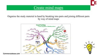 Create mind maps
Organise the study material in hand by breaking into parts and joining different parts
by way of mind maps
Commerceatease.com
 