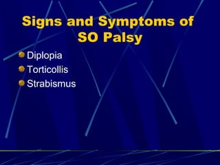 Signs and Symptoms of
SO Palsy
Diplopia
Torticollis
Strabismus
 