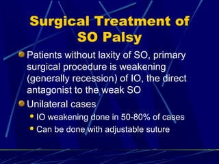 Surgical Treatment of
SO Palsy
Patients without laxity of SO, primary
surgical procedure is weakening
(generally recession) of IO, the direct
antagonist to the weak SO
Unilateral cases
IO weakening done in 50-80% of cases
Can be done with adjustable suture
 