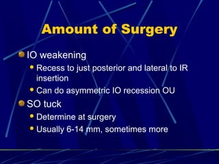 Amount of Surgery
IO weakening
Recess to just posterior and lateral to IR
insertion
Can do asymmetric IO recession OU
SO tuck
Determine at surgery
Usually 6-14 mm, sometimes more
 