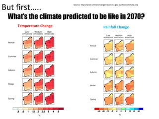 But first.....
What’s the climate predicted to be like in 2070?
Temperature Change Rainfall Change
Source: http://www.climatechangeinaustralia.gov.au/futureclimate.php
 