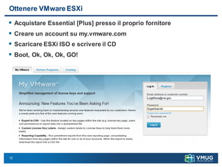 12
Ottenere VMware ESXi
 Acquistare Essential [Plus] presso il proprio fornitore
 Creare un account su my.vmware.com
 Scaricare ESXi ISO e scrivere il CD
 Boot, Ok, Ok, Ok, GO!
 