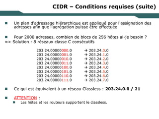 CIDR – Conditions requises (suite)
 Un plan d'adressage hiérarchique est appliqué pour l'assignation des
adresses afin que l'agrégation puisse être effectuée
 Pour 2000 adresses, combien de blocs de 256 hôtes ai-je besoin ?
=> Solution : 8 réseaux classe C consécutifs
203.24.00000000.0  203.24.0.0
203.24.00000001.0  203.24.1.0
203.24.00000010.0  203.24.2.0
203.24.00000011.0  203.24.3.0
203.24.00000100.0  203.24.4.0
203.24.00000101.0  203.24.5.0
203.24.00000110.0  203.24.6.0
203.24.00000111.0  203.24.7.0
 Ce qui est équivalent à un réseau Classless : 203.24.0.0 / 21
 ATTENTION :
 Les hôtes et les routeurs supportent le classless.
 