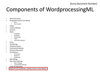 Components of WordprocessingML
• Main Document
• Paragraphs & Rich Formatting
– Runs
– Run Content
• Tables
• Custom Markup
• Sections
• Styles
– Paragraph
– Character
– Numbering
– Table
– Document Defaults
• Fonts
• Numbering
• Headers/Footers
• Footnotes/Endnotes
• Glossary Document
• Annotations
– Comments
– Revisions
– Bookmarks
• Mail Merge
• Document Settings
– Web Settings
– Compatibility Settings
• Fields & Hyperlinks
• Odds & Ends (Textboxes, Subdocuments, Extensibility)
[Ecma Document Number]
 