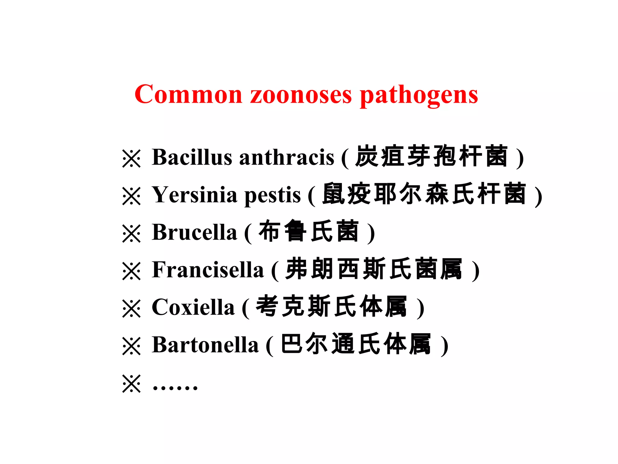 ※ Bacillus anthracis ( 炭疽芽孢杆菌 )
※ Yersinia pestis ( 鼠疫耶尔森氏杆菌 )
※ Brucella ( 布鲁氏菌 )
※ Francisella ( 弗朗西斯氏菌属 )
※ Coxiella ( 考克斯氏体属 )
※ Bartonella ( 巴尔通氏体属 )
……※
Common zoonoses pathogens
 