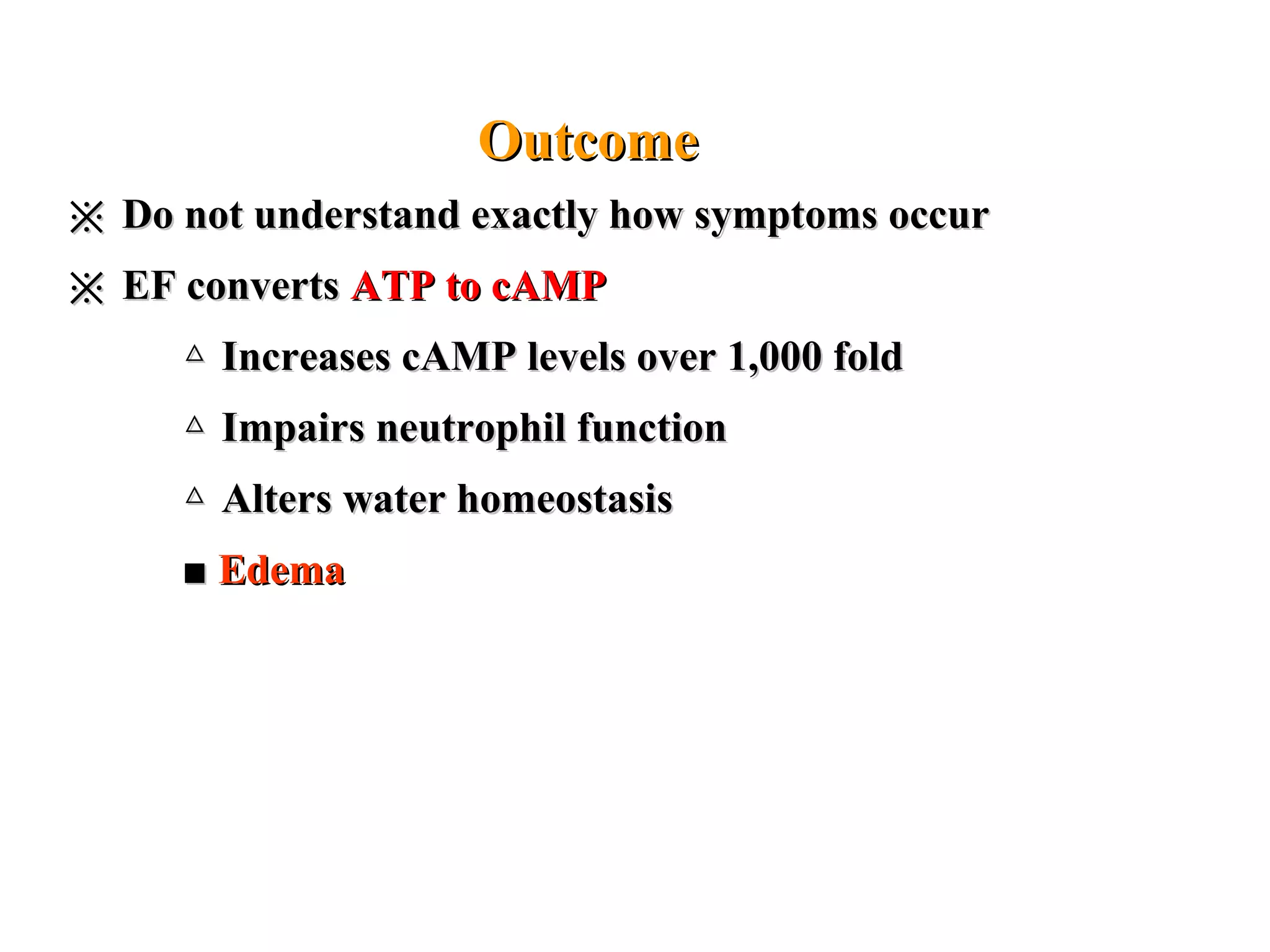 OutcomeOutcome
※※ Do not understand exactly how symptoms occurDo not understand exactly how symptoms occur
※※ EF convertsEF converts ATP to cAMPATP to cAMP
△△ Increases cAMP levels over 1,000 foldIncreases cAMP levels over 1,000 fold
△△ Impairs neutrophil functionImpairs neutrophil function
△△ Alters water homeostasisAlters water homeostasis
■■ EdemaEdema
 
