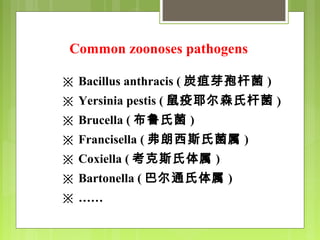 ※ Bacillus anthracis ( 炭疽芽孢杆菌 )
※ Yersinia pestis ( 鼠疫耶尔森氏杆菌 )
※ Brucella ( 布鲁氏菌 )
※ Francisella ( 弗朗西斯氏菌属 )
※ Coxiella ( 考克斯氏体属 )
※ Bartonella ( 巴尔通氏体属 )
……※
Common zoonoses pathogens
 