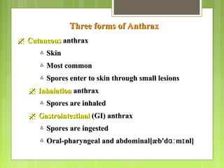Three forms of AnthraxThree forms of Anthrax
※※ CutaneousCutaneous anthraxanthrax
△△ SkinSkin
△△ Most commonMost common
△△ Spores enter to skin through small lesionsSpores enter to skin through small lesions
※※ InhalationInhalation anthraxanthrax
△△ Spores are inhaledSpores are inhaled
※※ GastrointestinalGastrointestinal (GI)(GI) anthraxanthrax
△△ Spores are ingestedSpores are ingested
△△ Oral-pharyngeal and abdominal[æb'd m nl]ɑː ɪOral-pharyngeal and abdominal[æb'd m nl]ɑː ɪ
 