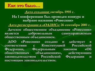 Как это было… Дата создания :  октябрь 1995 г. На 1 конференции был проведен конкурс и выбрано название «Ровесник» Дата регистрации в «ОАЗИС»:  26 сентября 2001 г. Детское общественное объединение «Ровесник» является добровольным самоуправляемым общественным объединением. ДОО «Ровесник» создано и действует в соответствии с Конституцией Российской Федерации, Федеральным законом «Об общественных объединениях», действующим законодательством Российской Федерации и настоящим законодательством. 