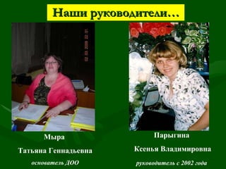 Наши руководители… Мыра  Татьяна Геннадьевна основатель ДОО Парыгина  Ксенья Владимировна руководитель с 2002 года   