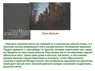Семь братьев



…Прелесть осенней охоты на глухарей не в количестве убитой птицы, а в
грустной поэзии умирающего леса, расцвеченного последними красками.
Трудно сравнить с чем-нибудь то чувство, которое охватывает вас, когда
вы бродите по лесу такой осенью. Под ногами как-то по-мертвому шуршит
облетелый лист, трава тоже сухая и жесткая, как волос, а зато какими
яркими цветами играют березняки и осинники, точно обрызганные
золотом и кровью! Воздух напоен тем особенным горьковатым ароматом,
какой дает палый лист; осенний крепкий холодок заставляет вздрагивать,
дышится легко.
 