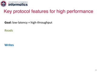28
Goal: low-latency + high-throughput
Reads
Local from all replicas
Writes
Fast
- Minimize network hops
Decentralized
- No serialization points
Fully concurrent
- Any replica can service a write
Key protocol features for high performance
 