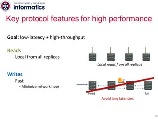 30
Goal: low-latency + high-throughput
Reads
Local from all replicas
Writes
Fast
- Minimize network hops
Decentralized
- No serialization points
Fully concurrent
- Any replica can service a write
Key protocol features for high performance
Local reads from all replicas
Head Tail
Avoid long latencies
 