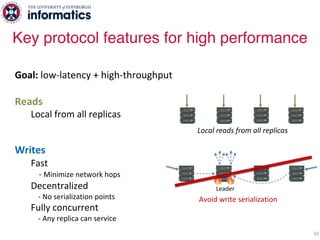 32
Goal: low-latency + high-throughput
Reads
Local from all replicas
Writes
Fast
- Minimize network hops
Decentralized
- No serialization points
Fully concurrent
- Any replica can service a write
Leader
Avoid write serialization
Key protocol features for high performance
Local reads from all replicas
 