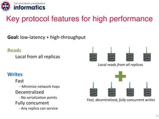 33
Goal: low-latency + high-throughput
Reads
Local from all replicas
Writes
Fast
- Minimize network hops
Decentralized
- No serialization points
Fully concurrent
- Any replica can service a write
Key protocol features for high performance
Local reads from all replicas
Fast, decentralized, fully concurrent writes
 