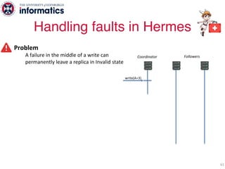 Problem
A failure in the middle of a write can
permanently leave a replica in Invalid state
Solution: send write value with Invalidation à Early value propagation
write(A=3)
Coordinator Followers
61
Handling faults in Hermes
 