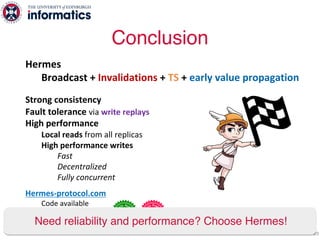 Hermes
Broadcast + Invalidations + TS + early value propagation
Strong consistency
Fault tolerance via write replays
High performance
Local reads from all replicas
High performance writes
Fast
Decentralized
Fully concurrent
Hermes-protocol.com
Code available
TLA+ verification
Q&A
Conclusion
89
Need reliability and performance? Choose Hermes!
 