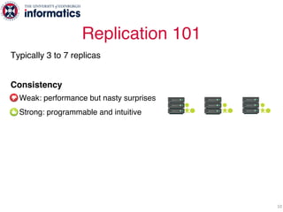Typically 3 to 7 replicas
Consistency
Weak: performance but nasty surprises
Strong: programmable and intuitive
Reliable replication protocols
• Strong consistency even under faults
• Define actions to execute reads & writes
à these determine a datastore’s performance
Replication 101
10
…… … …
 