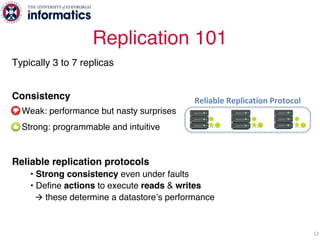 Typically 3 to 7 replicas
Consistency
Weak: performance but nasty surprises
Strong: programmable and intuitive
Reliable re...