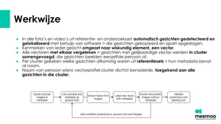 Werkwijze
● In alle foto’s en video’s uit referentie- en onderzoeksset automatisch gezichten gedetecteerd en
gelokaliseerd met behulp van software > die gezichten gekopieerd en apart opgeslagen.
● Kenmerken van ieder gezicht omgezet naar wiskundig element, een vector.
● Alle vectoren met elkaar vergeleken > gezichten met gelijkaardige vector werden in cluster
samengevoegd: die gezichten beelden eenzelfde persoon af.
● Per cluster gekeken welke gezichten afkomstig waren uit referentiesets > hun metadata bevat
al naam.
● Naam van persoon wiens vectorprofiel cluster dichtst benaderde, toegekend aan alle
gezichten in die cluster.
 