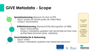 GiVE Metadata - Scope
Spraakherkenning (Speech-To-Text of STT)
- Input: audio (uit zowel audio als video files)
- Output: transcripties
Entiteitsherkenning (Named Entity Recognition of NER)
- Input: transcripties
- Output: metadata updates met semantiek en links naar
authentieke bronnen (bvb. wikidata)
Gezichtsdetectie & Herkenning
- Input: video
- Output: metadata updates met herkende personen
Over alles
heen:
1/ uniforme
metadata
2/ gelinkt
aan externe
authorities
(bvb.
wikidata)
 