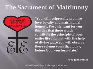 The Sacrament of Matrimony
                "You will reciprocally promise
                love, loyalty and matrimonial
                honesty. We only want for you
                this day that these words
                constitute the principle of your
                entire life and that with the help
                of divine grace you will observe
                these solemn vows that today,
                before God, you formulate."

                                                - Pope John Paul II

      A Wedding is a Day, A Marriage is a Lifetime
 