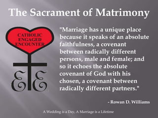 The Sacrament of Matrimony
                "Marriage has a unique place
                because it speaks of an absolute
                faithfulness, a covenant
                between radically different
                persons, male and female; and
                so it echoes the absolute
                covenant of God with his
                chosen, a covenant between
                radically different partners."

                                              - Rowan D. Williams

      A Wedding is a Day, A Marriage is a Lifetime
 