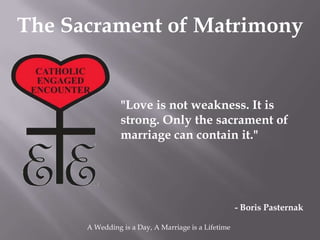 The Sacrament of Matrimony


                "Love is not weakness. It is
                strong. Only the sacrament of
                marriage can contain it."




                                                     - Boris Pasternak

      A Wedding is a Day, A Marriage is a Lifetime
 