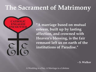 The Sacrament of Matrimony

                "A marriage based on mutual
                esteem, built up by lasting
                affection, and crowned with
                Heaven's blessing, is the fair
                remnant left us on earth of the
                institutions of Paradise."


                                                     - S. Walker

      A Wedding is a Day, A Marriage is a Lifetime
 