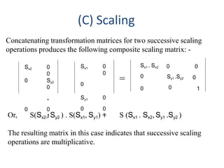 (C) Scaling
Concatenating transformation matrices for two successive scaling
operations produces the following composite scaling matrix: -
Sx2 0
0
0 Sy2
0
.
0 0
1
=
Sx1 0
0
0
Sy1 0
0 0
1
Sx1 . Sx2
0
0
0
Sy1 .Sy2
0
0
0
1
Or, S(Sx2, Sy2 ) . S(Sx1, Sy1) = S (Sx1 . Sx2, Sy1 .Sy2 )
The resulting matrix in this case indicates that successive scaling
operations are multiplicative.
 
