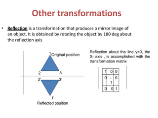 Other transformations
• Reflection is a transformation that produces a mirror image of
an object. It is obtained by rotating the object by 180 deg about
the reflection axis
2 3
3’2’
1Original position
1’
Reflected position
Reflection about the line y=0, the
X- axis , is accomplished with the
transformation matrix
1 0 0
0 -
1
0
0 0 1
 
