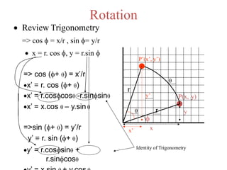 Rotation
 Review Trigonometry
=> cos  = x/r , sin = y/r
 x = r. cos , y = r.sin 


P(x, y)
x
yr
x’
y’

x’,P’( y’)
r
=> cos (+ ) = x’/r
x’ = r. cos (+ )
x’ = r.coscos -r.sinsin
x’ = x.cos  – y.sin 
=>sin (+ ) = y’/r
y’ = r. sin (+ )
y’ = r.cossin +
r.sincos
Identity of Trigonometry
 
