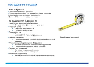 Обследование площадки
Цели документа
Описание требований к площадке
Предоставить персоналу VCE знания о состоянии площадки,
условиях работы, логистических возможностях
Достичь 90% готовности Vblock на заводе

Что содержится в документе
Название сайта и контактная информация
      Стандартная информация, номер контракта
Готовность сайта
      Логистические возможности
      Готовность сети (Up-Link)
Правила доступа
      Правила доступа персонала
      Правила вноса и выноса оборудования
Кабели и соединения                                           Самый важный инструмент
      Подробное описание способов подключения Vblock к сети
         заказчика
Планы помещений и размещения оборудования
      Указание физического расположения оборудования
      Планирование соединений между шкафами
Питание, вес, охлаждение
      Тип и количество кабелей питания
      Возможности систем охлаждения
Управление изменениями
      Когда в дата-центре проводят профилактические работы?
 
