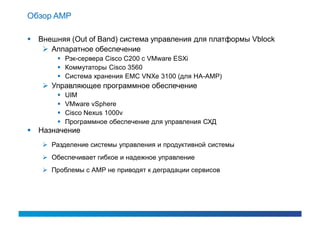 Обзор AMP

   Внешняя (Out of Band) система управления для платформы Vblock
      Аппаратное обеспечение
          Рэк-сервера Cisco C200 с VMware ESXi
          Коммутаторы Cisco 3560
          Система хранения EMC VNXe 3100 (для HA-AMP)
      Управляющее программное обеспечение
            UIM
            VMware vSphere
            Cisco Nexus 1000v
            Программное обеспечение для управления СХД
   Назначение
      Разделение системы управления и продуктивной системы
      Обеспечивает гибкое и надежное управление
      Проблемы с АМР не приводят к деградации сервисов
 