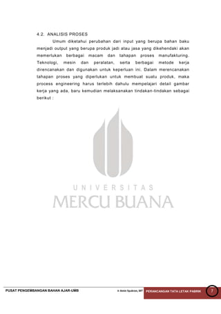 PUSAT PENGEMBANGAN BAHAN AJAR-UMB Ir Amin Syukron, MT PERANCANGAN TATA LETAK PABRIK 7
4.2. ANALISIS PROSES
Umum diketahui perubahan dari input yang berupa bahan baku
menjadi output yang berupa produk jadi atau jasa yang dikehendaki akan
memerlukan berbagai macam dan tahapan proses manufakturing.
Teknologi, mesin dan peralatan, serta berbagai metode kerja
direncanakan dan digunakan untuk keperluan ini. Dalam merencanakan
tahapan proses yang diperlukan untuk membuat suatu produk, maka
process engineering harus terlebih dahulu mempelajari detail gambar
kerja yang ada, baru kemudian melaksanakan tindakan-tindakan sebagai
berikut :
 