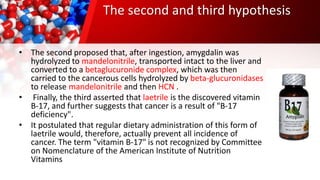 The second and third hypothesis
• The second proposed that, after ingestion, amygdalin was
hydrolyzed to mandelonitrile, transported intact to the liver and
converted to a betaglucuronide complex, which was then
carried to the cancerous cells hydrolyzed by beta-glucuronidases
to release mandelonitrile and then HCN .
• Finally, the third asserted that laetrile is the discovered vitamin
B-17, and further suggests that cancer is a result of "B-17
deficiency".
• It postulated that regular dietary administration of this form of
laetrile would, therefore, actually prevent all incidence of
cancer. The term "vitamin B-17" is not recognized by Committee
on Nomenclature of the American Institute of Nutrition
Vitamins
 