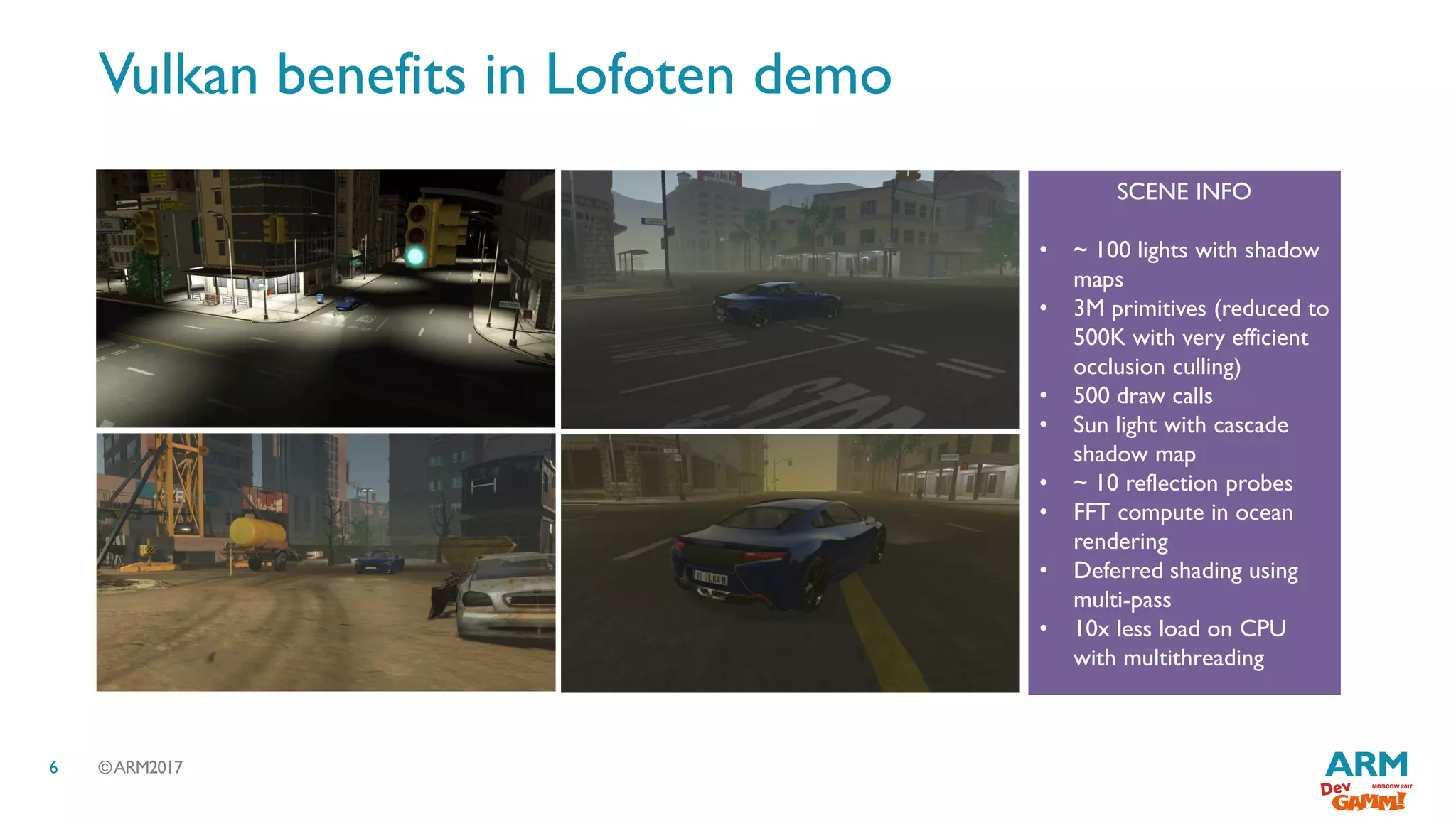 ©ARM20176
Vulkan benefits in Lofoten demo
SCENE INFO
• ~ 100 lights with shadow
maps
• 3M primitives (reduced to
500K with very efficient
occlusion culling)
• 500 draw calls
• Sun light with cascade
shadow map
• ~ 10 reflection probes
• FFT compute in ocean
rendering
• Deferred shading using
multi-pass
• 10x less load on CPU
with multithreading
 